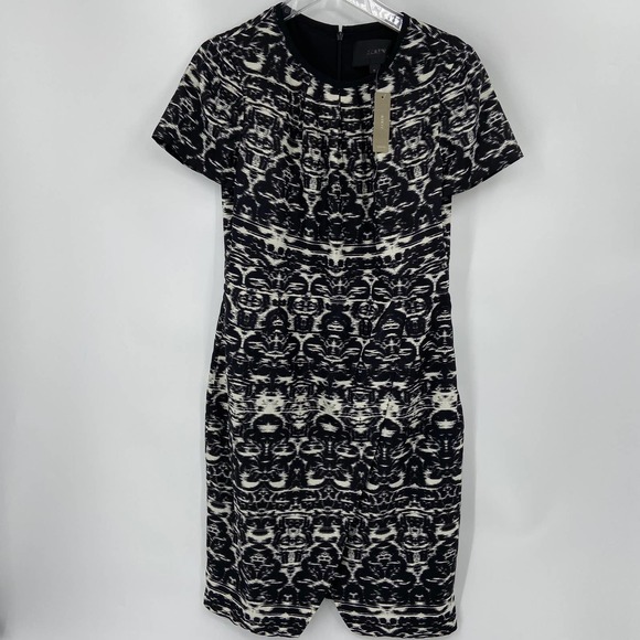 J. Crew Sheath Dress Black White Pleated Neckline Faux Wrap Lined Women's 12